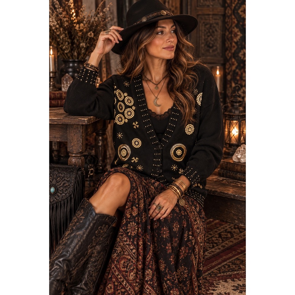Lauren Matthews Black Ornate Celestial Cardigan Gold Stud Embellished Sweater M